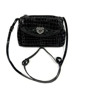 Brighton Lyric Crossbody Bag Black Patent Leather Croc Embossed Handbag Wallet